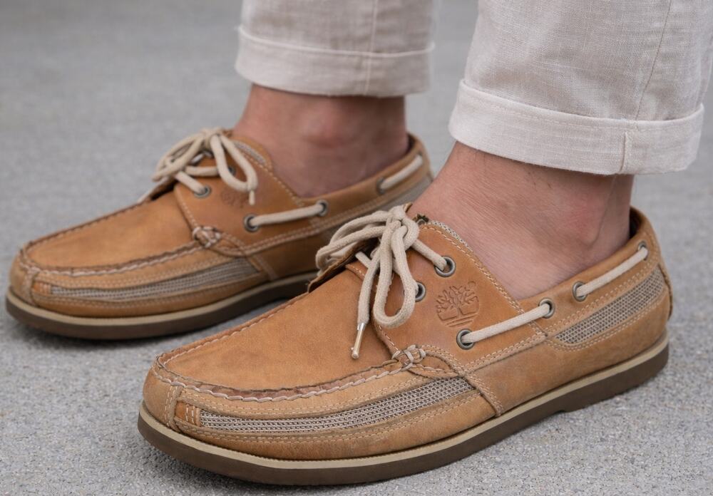 Vintage Timberland Tan Leather Boat Loafers Shoes 2 Eye Slip on Mens 8 Casual